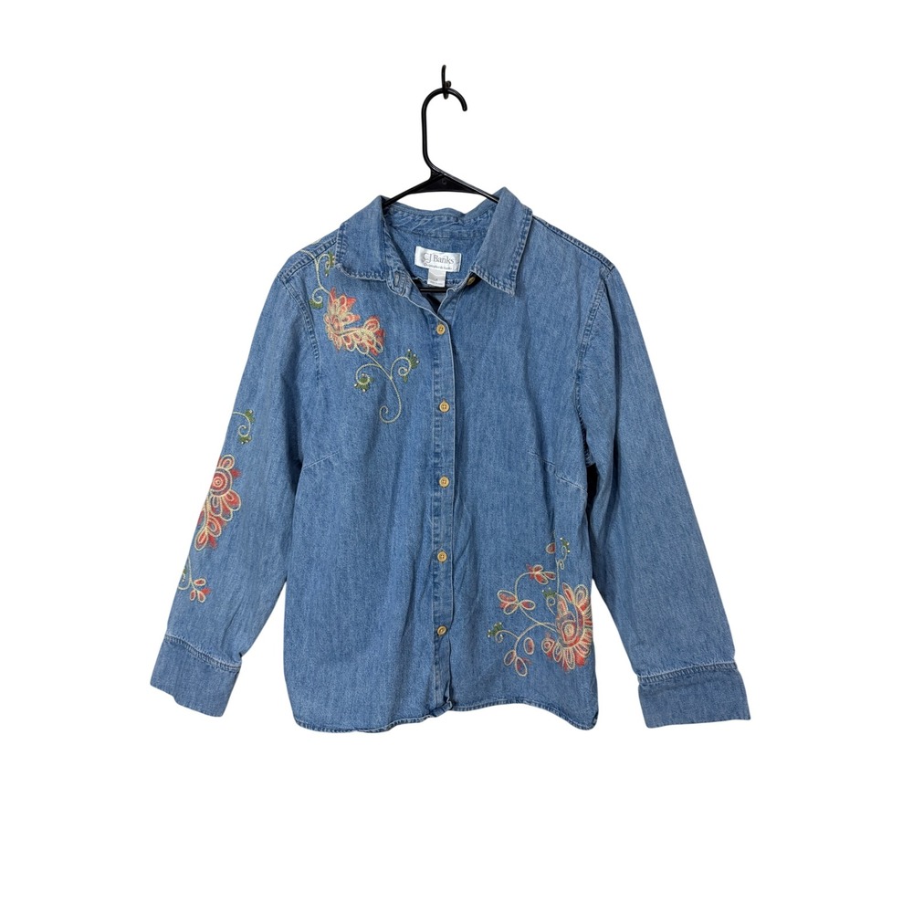 CJ Banks Womens Blue Embroidered Floral Denim Button Down Shirt Size XL 2006